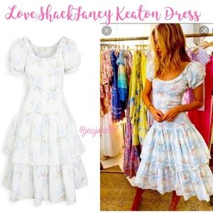 LoveShackFancy White and Blue Ruffled Tiered Midi Dress